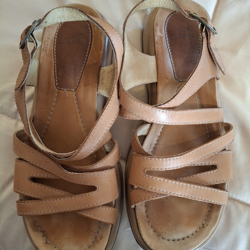 Dansko Tan Leather Platform Sandals with Strappy Upper and Buckle - Picture 3 of 5